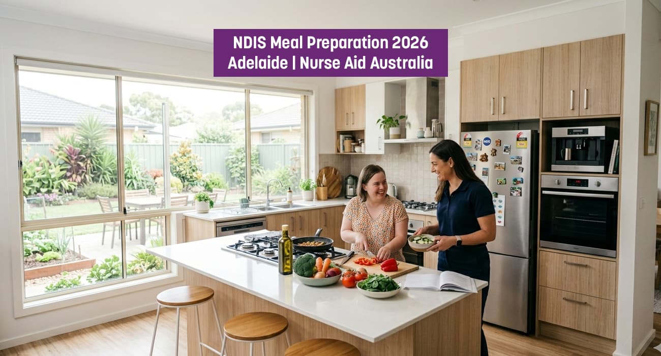 NDIS support worker assisting participant with meal preparation in accessible Adelaide kitchen, chopping fresh vegetables together for healthy cooking support