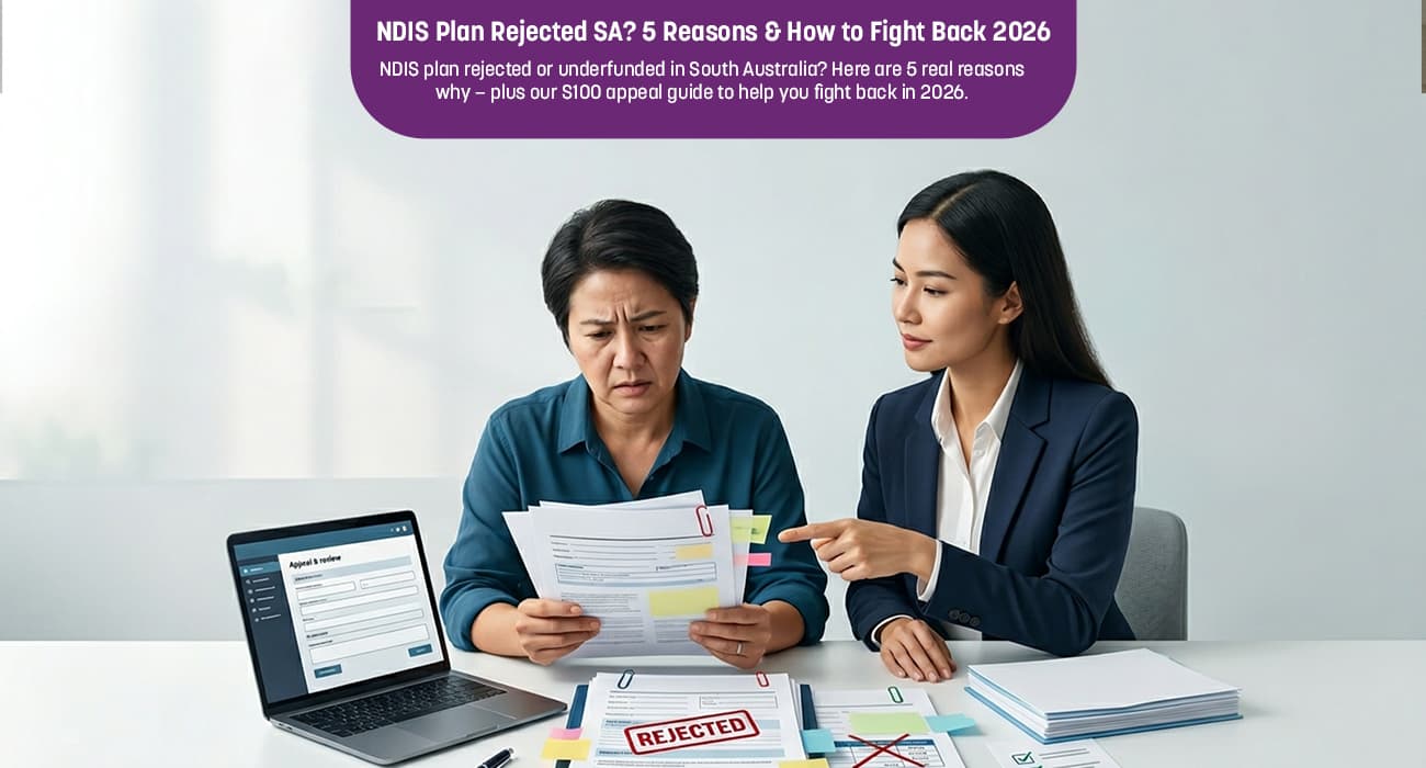 NDIS participant in Adelaide reviewing an S100 plan rejection letter with a support coordinator.